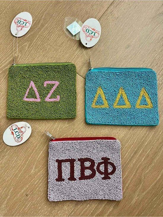 Beaded Greek Letter Coin Pouch: Delta Zeta, Tri Delta, Gamma Phi Beta
