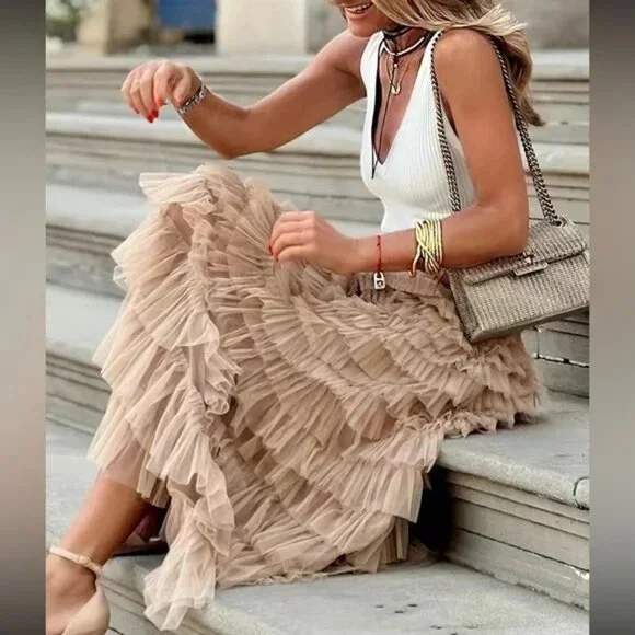 Luxe boho layered mesh maxi skirt