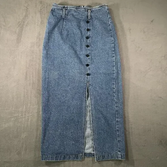 Vintage 90s Be Bop Denim Midi Skirt Button Front Slit USA Made Size 9