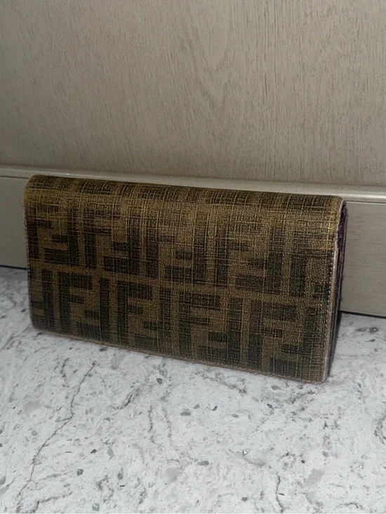 FENDI ZUCCA CONTINENTAL TOBACCO WALLET PURPLE INTERIOR —AUTHENTIC—