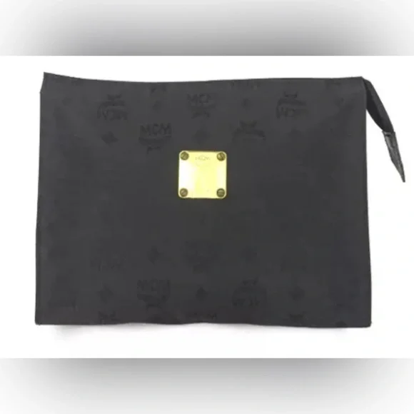 Authentic MCM Logo Visetos Canvas Clutch Bag Black