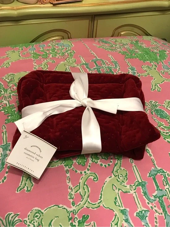 Pottery Barn Red Plush Diamond Velvet Cosmetic Bag set of 2