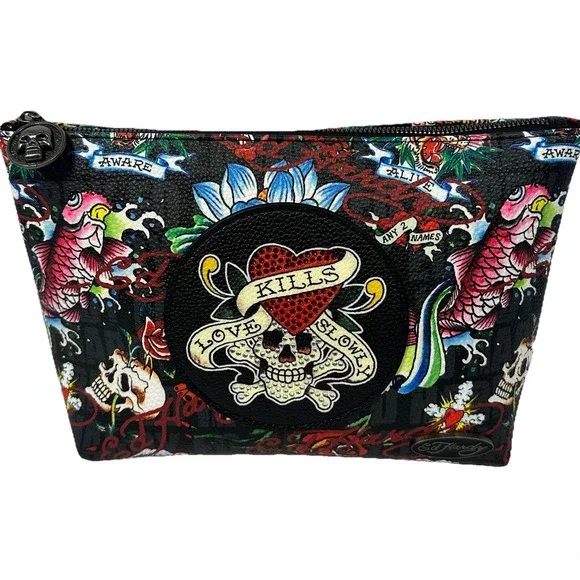 Ed Hardy Cosmetic Bag Skull Heart Koi Tattoo Print Makeup Pouch Black