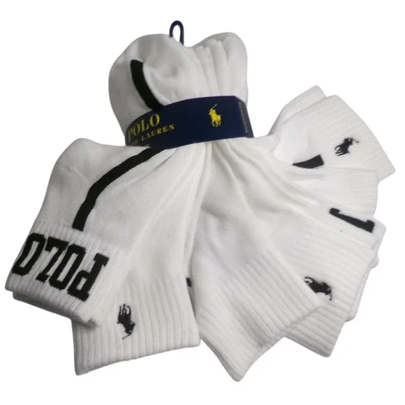 Polo Ralph Lauren Womens 6 Pair Crew Socks White Black Stripe Pony Logo Athletic