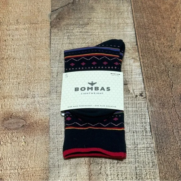 Bombas Black With Multicolor Geometric Lines Crew Socks Size Medium