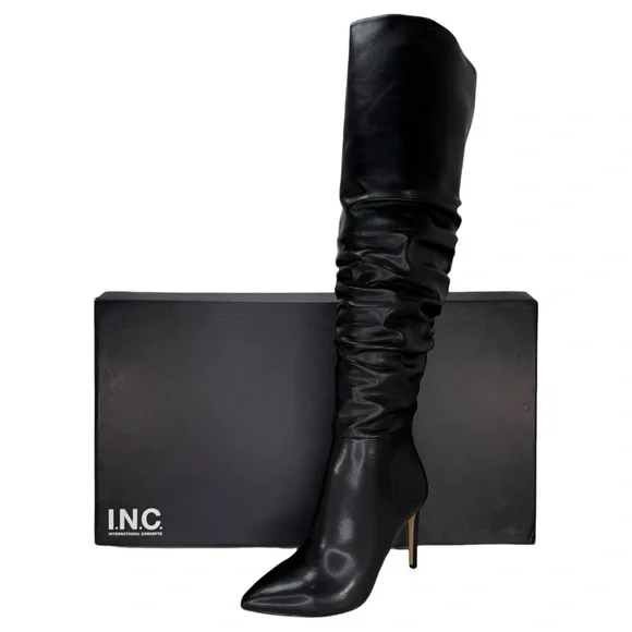 INC Iyonna Black Faux Leather Ruched Shaft OTK Heeled Womens Boots Size 8M