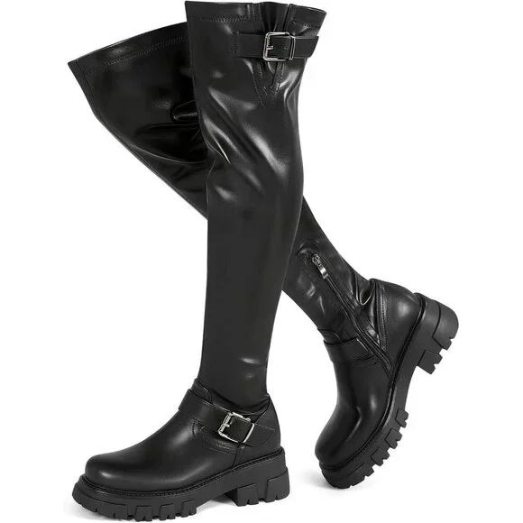 Women's Black Leather High Thigh Over-the-Knee Stretch lug Sole Heel Boot