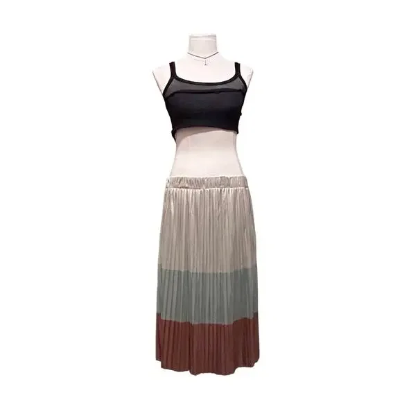 ZARA Color Block Metallic Pleated Skirt, Size Small