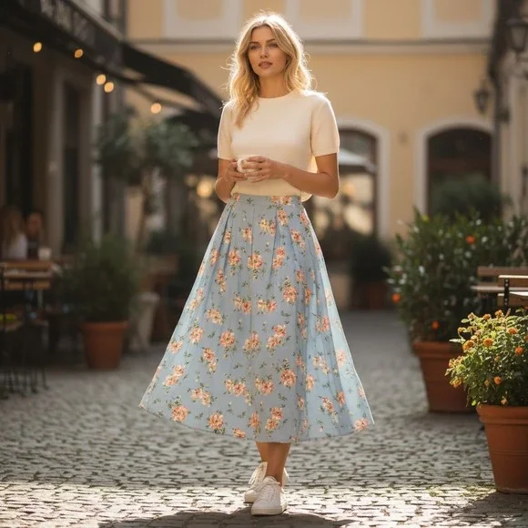 Laura Ashley Floral Blue Pleated Maxi Skirt Size 14