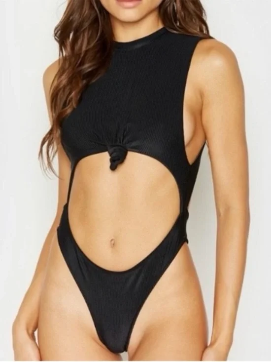 Frankie’s Bikinis Black Ribbed One-Piece Swimsuit