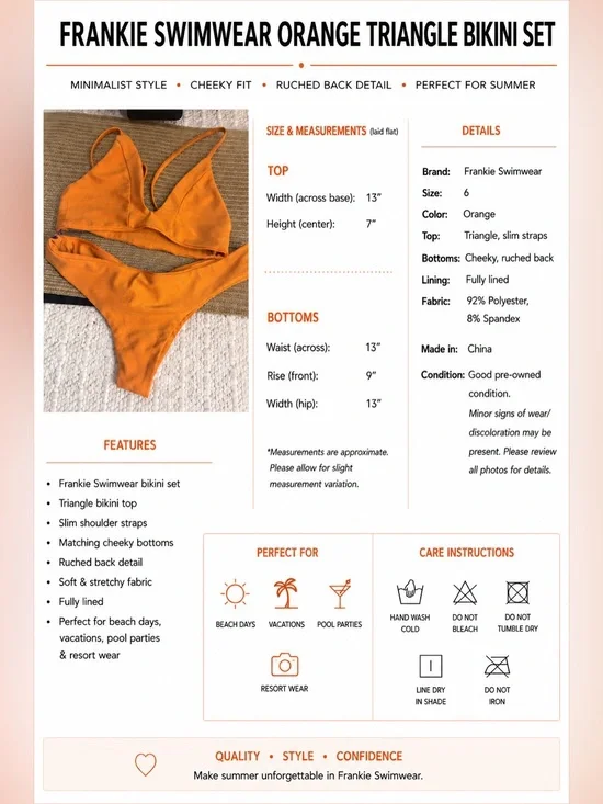 Frankie Swimwear Orange Triangle Bikini Set Size 6 Ruched Cheeky Bottoms