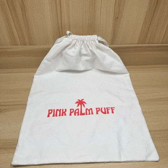Pink Palm Puff Bag Drawstring Dust Pouch String Cream White Logo Accessory