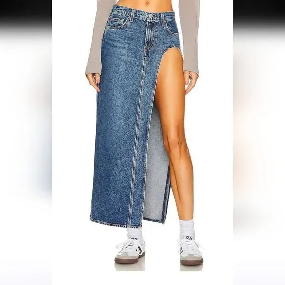 GRLFRND The Blanca Maxi Skirt W/High Slit Denim Jean Skirt Crissy Field Size 29