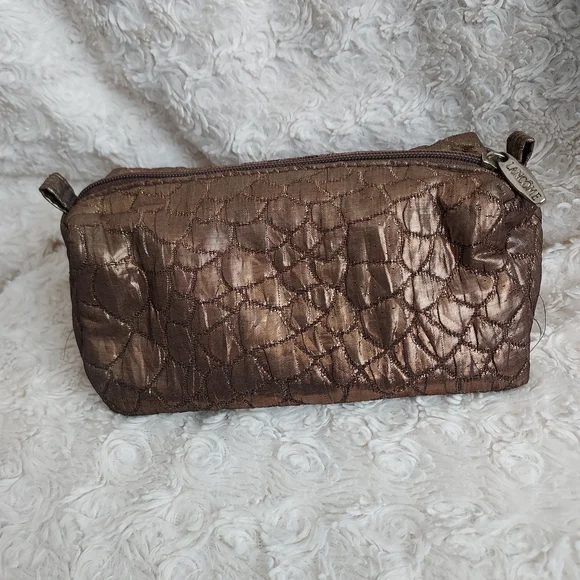 Chic Lancome Bronze Brown Quilted Textured Cosmetic Bag Metallic