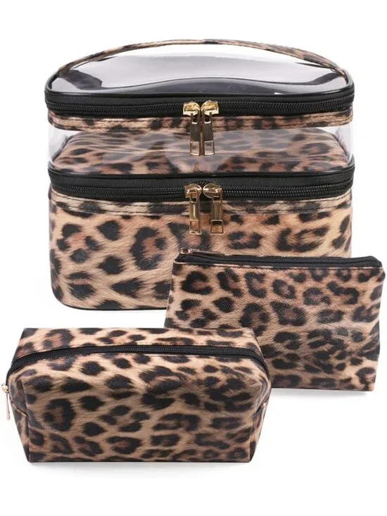 3-Piece Leopard Makeup Bag Set - Double Layer Travel Organizer, Waterproof