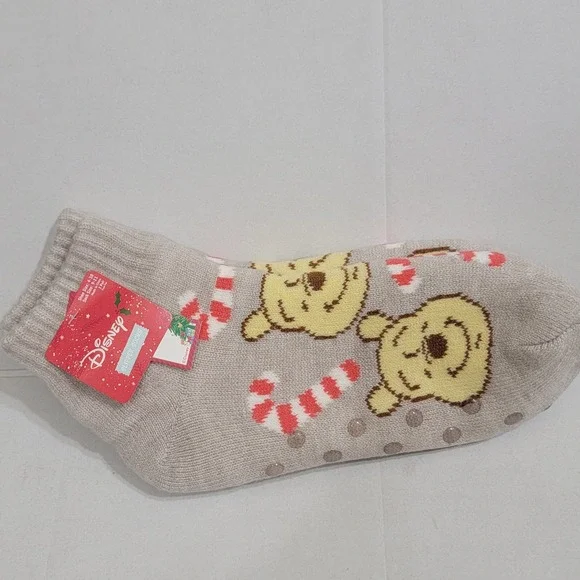 Disney Winnie the Pooh Candy‎ Cane Christmas Cozy Fuzzy Ankle Slip Socks Women's