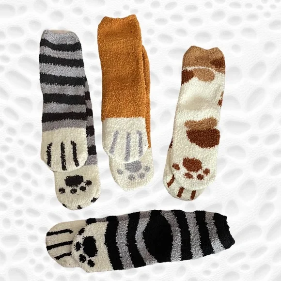 Cat Paw Socks Fuzzy Warm Adorable Kitty Slipper New Brown Black Gray Animal