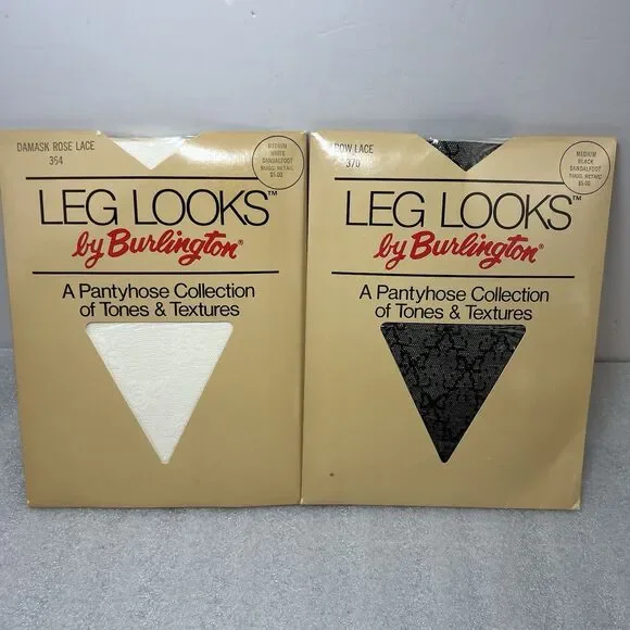 VTG  Burlington Leg Looks Textured Pantyhose Rose & Bow Lace Summer Net Sz M