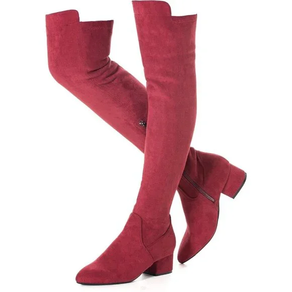 Women's Red Suede High Thigh Low Block Stylish Over-the-Knee Heel Boot