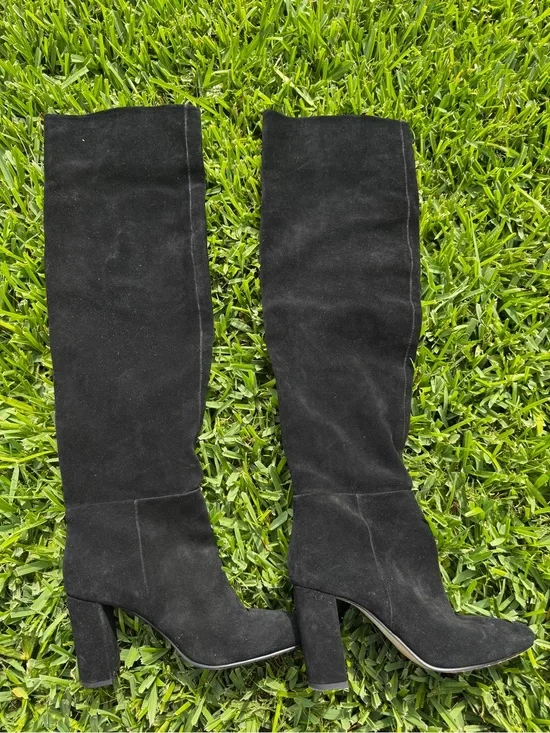Zara Black Suede Knee High Boots EU 38 US 7.5 Block Heel Tall Boots