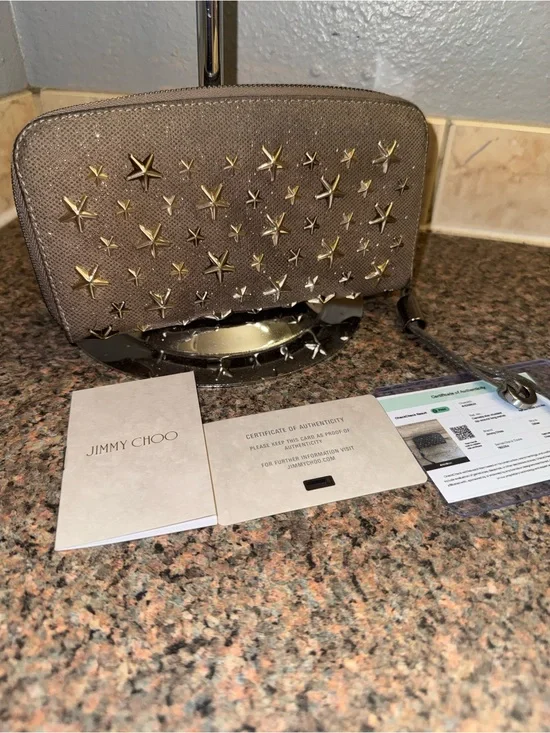 Jimmy Choo Metallic Taupe Star- studded glitter Zip wallet with COA’s