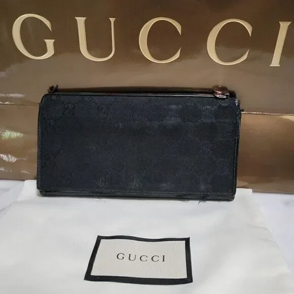 GUCCI GG Monogram Logo Black Leather Long Bifold Wallet 130590496334