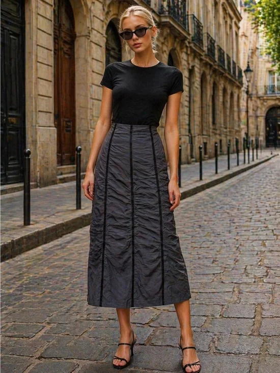 Ronen Chen Black Ruched Velvet Piped Skirt