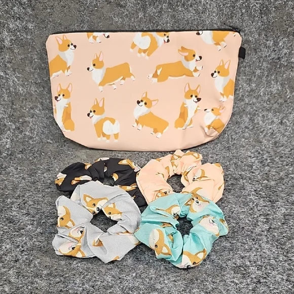 Corgi Makeup Pouch With 4 Hair Scrunchies