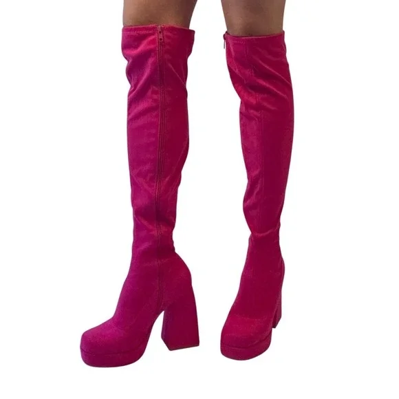 SODA‎ Hot Pink Suede Platform Chunky Heel Over The Knee Boots Womens Size 7 1/2