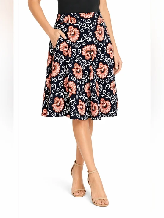 Talbots Floral A-Line Skirt Navy Orange White Cotton Preppy Feminine Midi Flowy