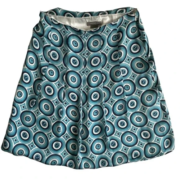 Ann Taylor Petites Skirt 0P Teal‎ Blue Pleated Geometric Print Circle Pattern