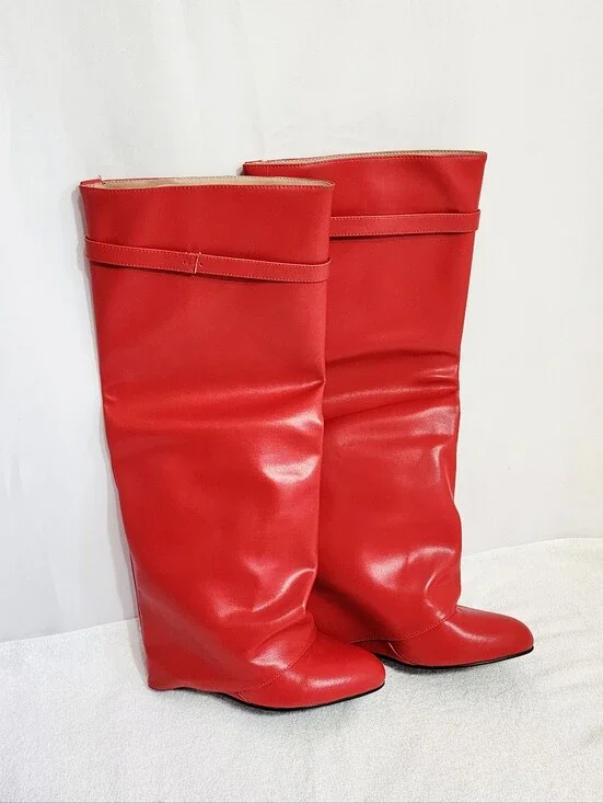 Women's Red Knee-High Boots Size 8.5 Faux Leather Wedge Heel Classy Retro
