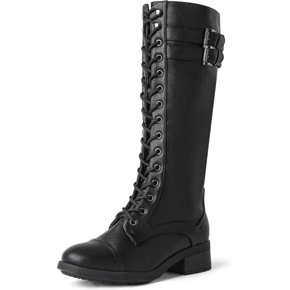 Women's Polyurethane Pu Georgia-Black Double buckle Knee High Riding Combat Boot