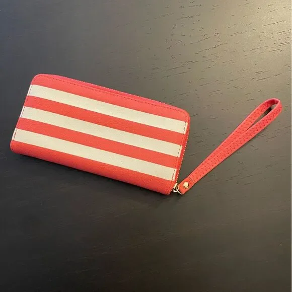 Salmon Coral Pink and White Stripe Wallet Wristlet No Brand