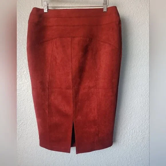 ANDREW MARC faux suede Red Pencil Skirt full control waistband dark Rust Orange