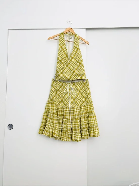 NWOT Free People Traymore Plaid Matching Set Skirt + Halter Top Size Medium