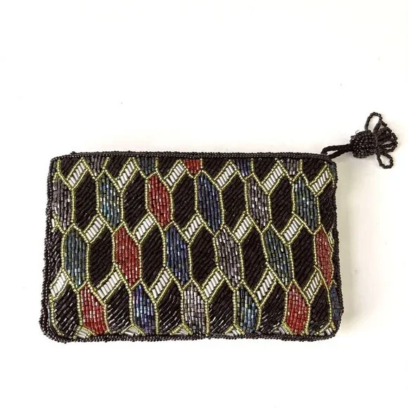 Vtg Bechamel Glass Beaded Makeup Mini Bag Geometric 80s Glam Pouch