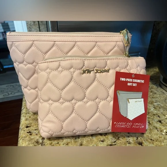 Betsey Johnson Pink Quilted Heart Cosmetic Bag Set
