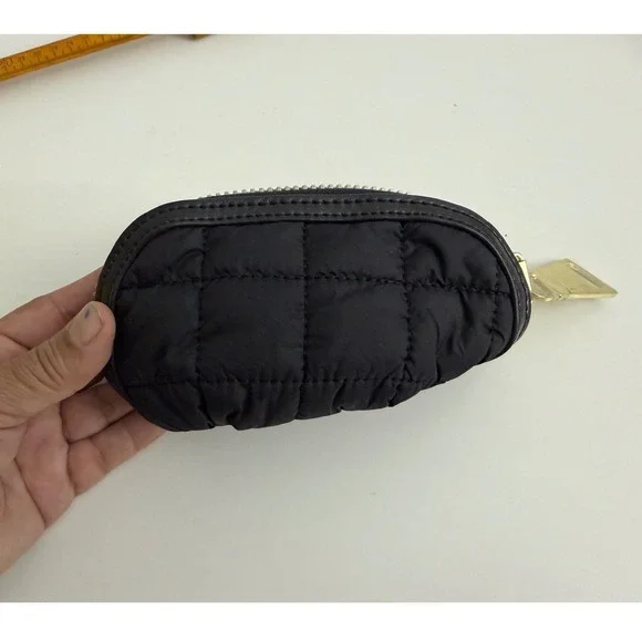 Courage b Black Quilted Nylon Small Cosmetic Pouch Zippered Mini Clutch Bag