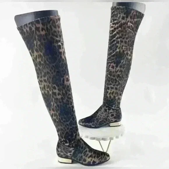 Size 6 NWT NIB Bamboo LEOPARD Print velvet Stardom OTK boot gold heel
