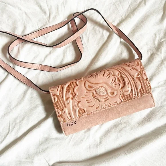 B.o.c. Pastel Pink Tooled Leather Crossbody Wallet Snap