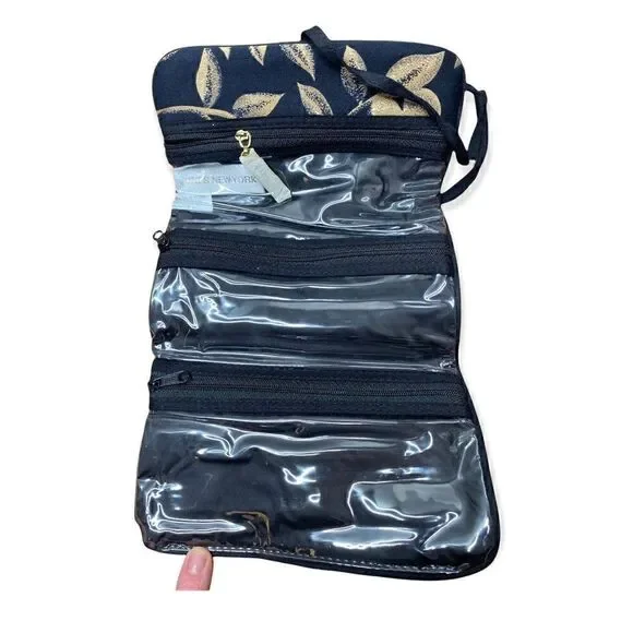 Jones New York black tan floral cosmetic jewelry bag 3 zip areas roll up tie bag