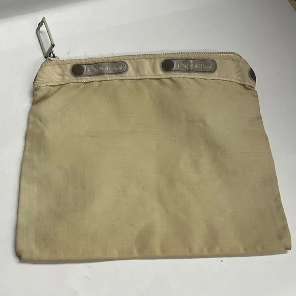 Vintage LeSportsac Bag Tan With White Logo Nylon Made In USA Zipper Pouch