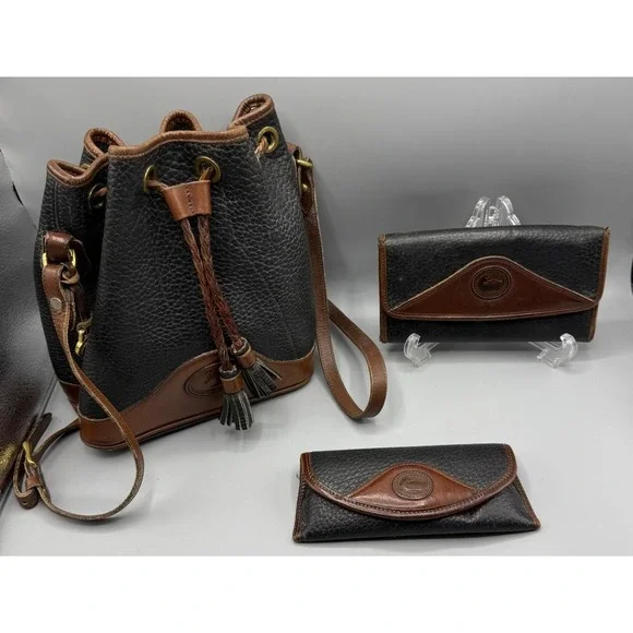 Vintage Dooney & Bourke Drawstring Bucket Bag Black Brown, Wallet, Eyeglass Case