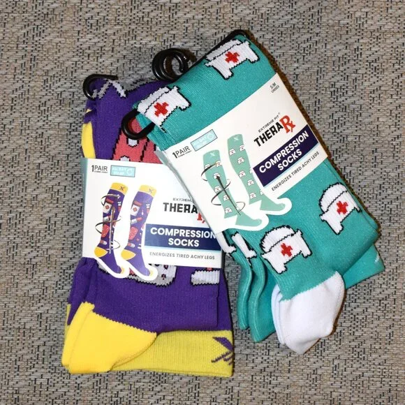 Extreme Fit TheraRx Compression Socks Unisex S/M Multi New 2 Pair Medical Nurse