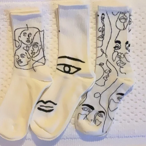 Black and Off-White Faces Socks 3 Pairs