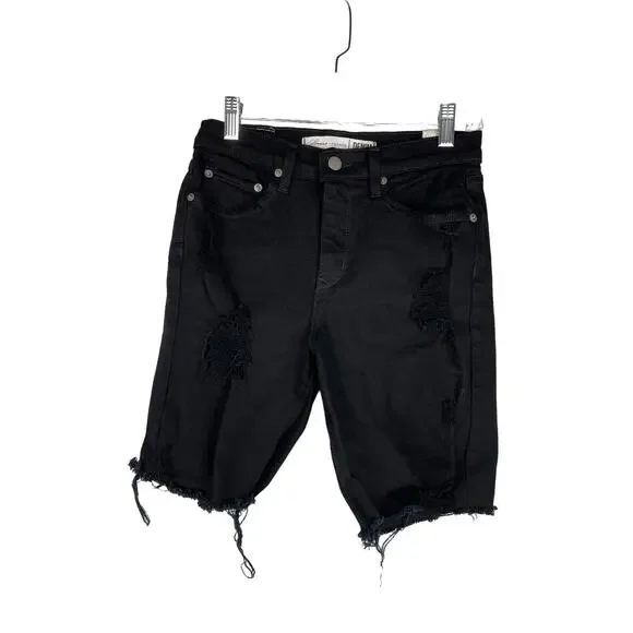 Lovers + Friends Denim Nathan High Rise Long Cut Off Shorts Black 25 Modest 8”