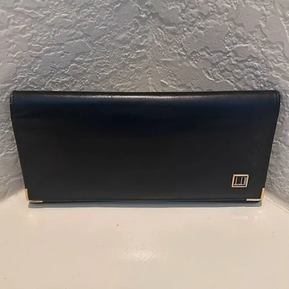 Dunhill Foldover Long Wallet Black Leather Checkbook Cardholder Travel Buisness