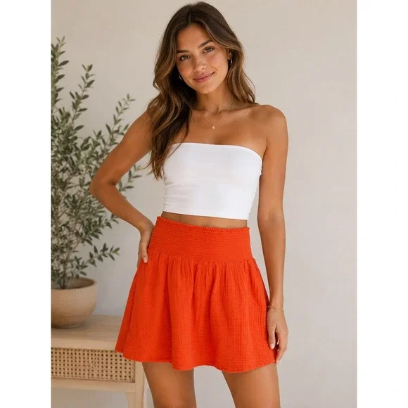 Michael Stars Havana Smocked Mini Skirt Heatwave Orange Cotton Gauze Size M NEW