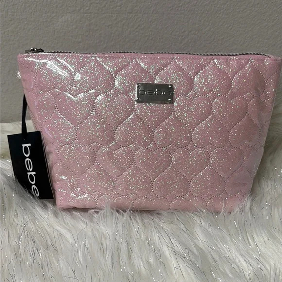 ✨ Bebe Glittery Pink Quilted Cosmetic Bag – Glam On the Go! ✨
